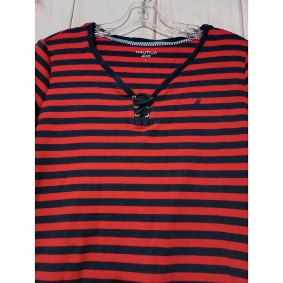 Nautica Shirt Ladies Large‎ Navy Red Short Sleeve VNeck Soft Stretchy Casual - Picture 3 of 6